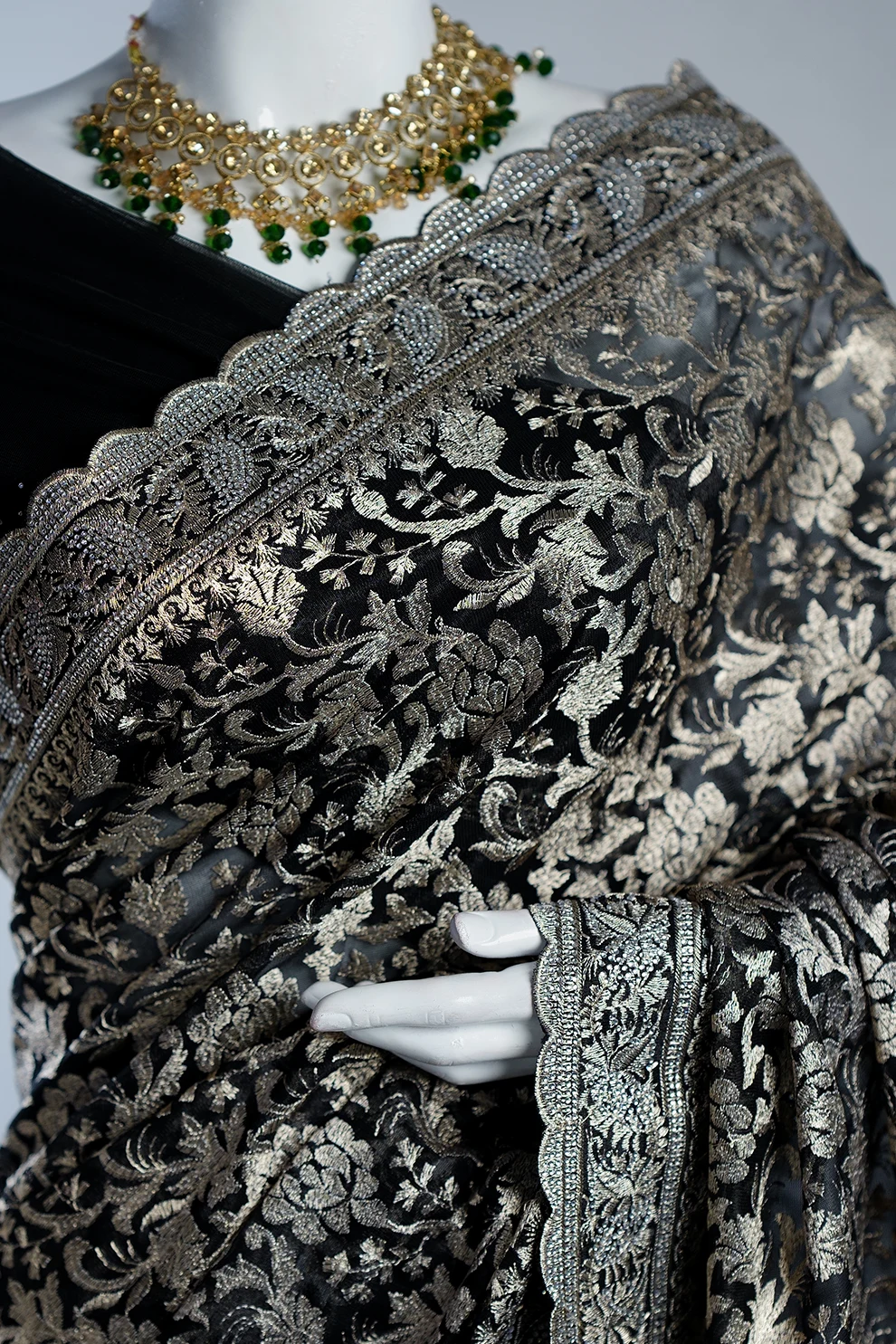 Black Soft Seemari Muslin Saree with Siroski Stone & Benaroshi Motif Jari Embroidery Work